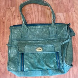 BEAUTIFUL GREEN FOSSIL LEATHER TOTE 14x12